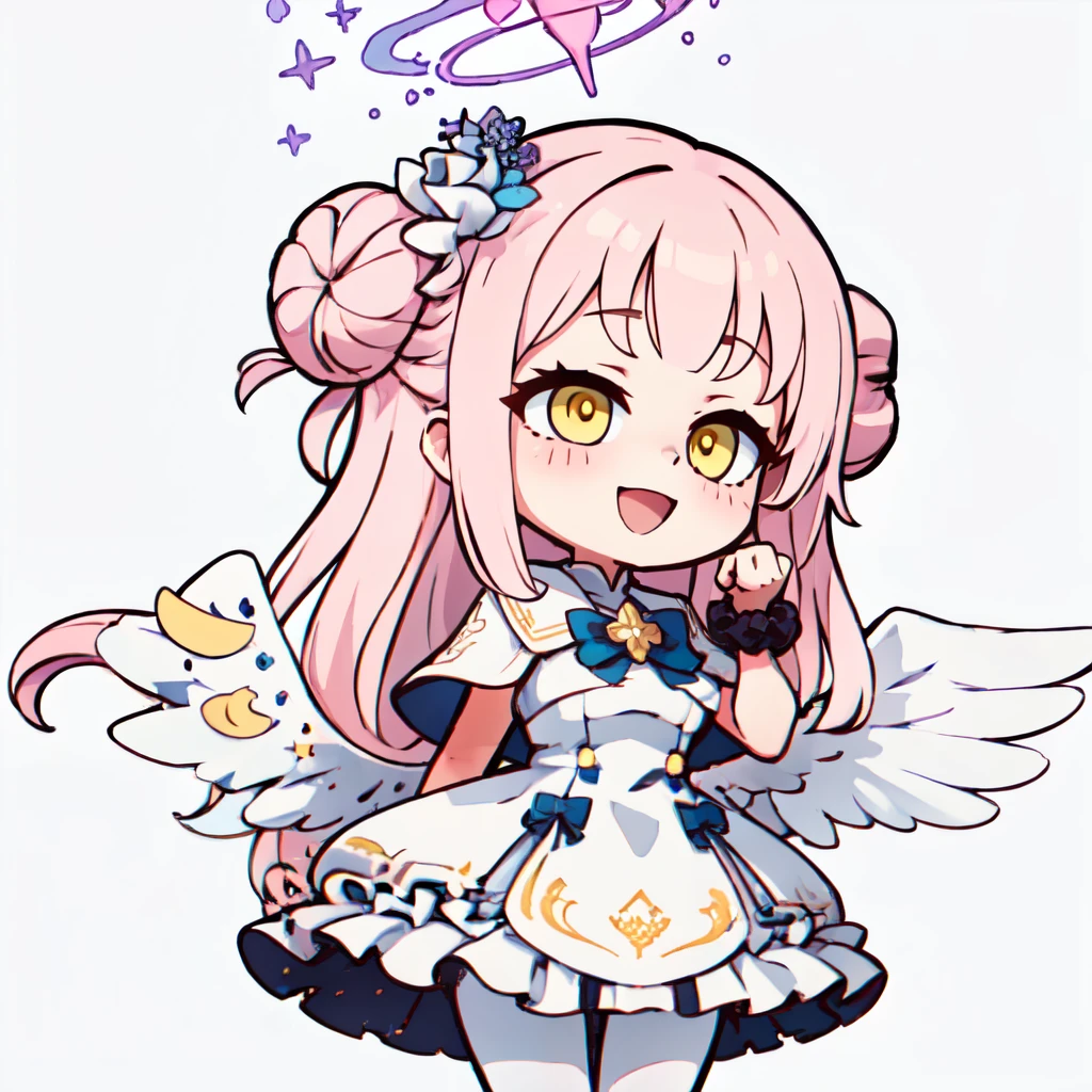 ((masterpiece,best quality)), absurdres,  ,,, <lora:BlueArchiveChibi:0.7>,  white background, chibi, smile, solo,  ,,, <lora:Mika_BlueArchive_Citron:0.8>, zzMika, pink hair, halo, yellow eyes, long hair, wings, hair ornament, white wings, hair bun, feathered wings, angel wings, single side bun, hair flower, scrunchie, pink halo, wrist scrunchie, low wings, bow, blue bow , flower, white capelet, white dress, white pantyhose, frilled dress, very long hair, open mouth