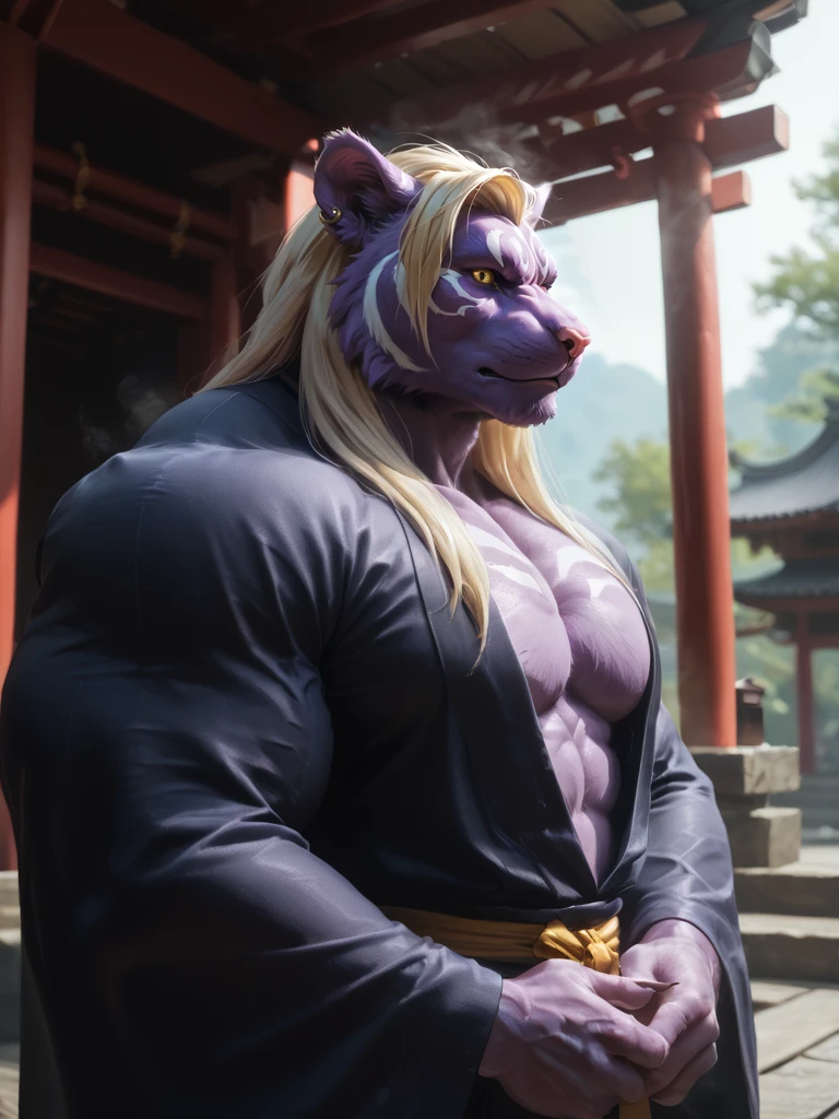 score_9, score_8_up, score_7_up, realistic, high quality, furry, male,  <lora:Rangetsu PDXL:0.8> rangetsu, purple body, glistering body, steam, long blonde hair, yellow eye, ear piercing, face markings, huge muscle, black Kimono, shrine, pink nose, pink gums