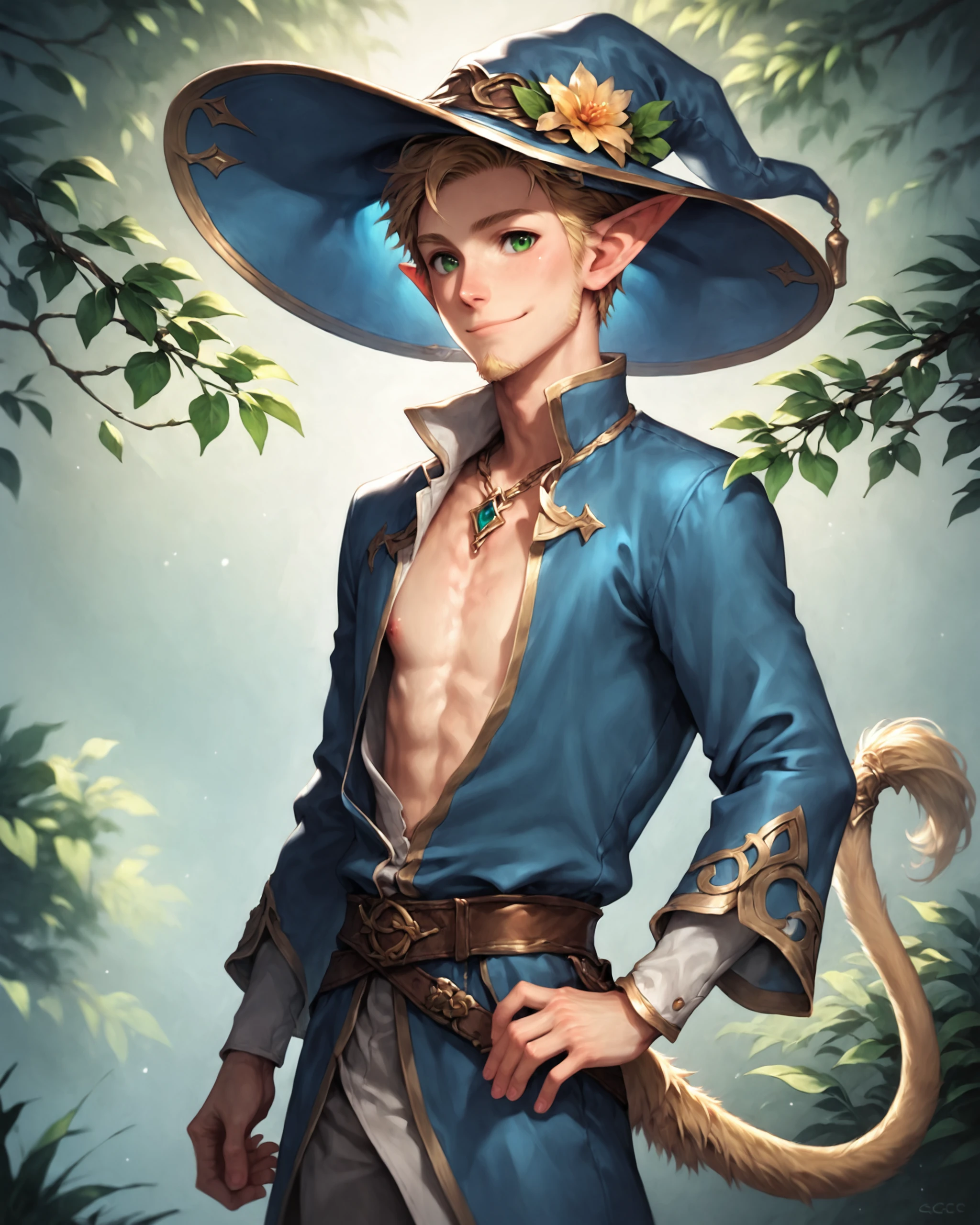 score_9, score_8_up, score_7_up, intricate details, rating_safe, detailed face,  
<lora:Lurien:0.8>,
1boy(Lurien, looking at the viewer, green eyes, blond tail with blond tail tuft, solo, cowboy shot, 
standing, blue wizard hat, loose blue wizard robe with long sleeves, 
friendly expression, slight smile), 4k,
fantasy setting, in a small meadow of a magical forest, sunshine, 
depth of field, detailed background,
<lora:ral-chrosc-clr:0.5>, ral-chrosc-clr,
<lora:Expressive_H:0.5>, expressiveH,
<lora:xl_more_art-full_v1:0.3>,
<lora:add-detail-xl:0.3>