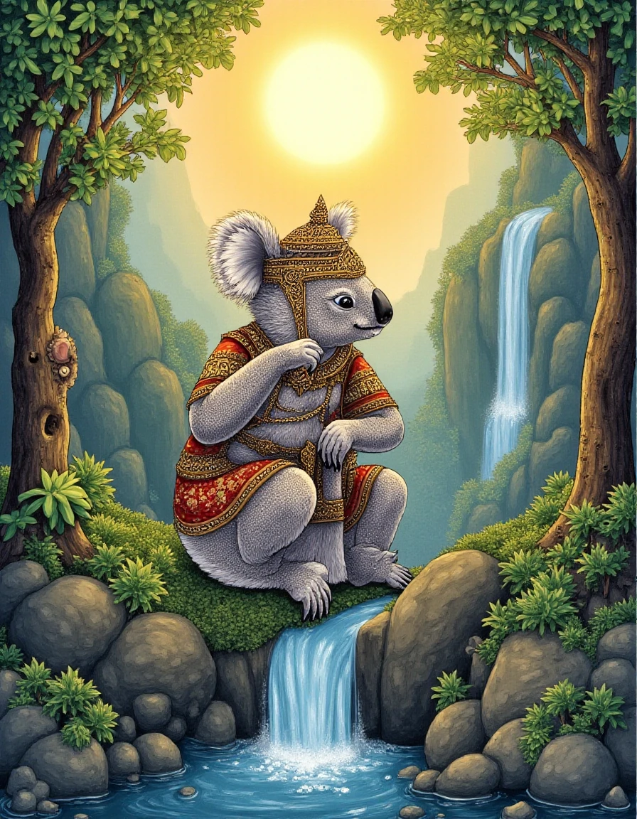 <lora:Thai_Art-000004:1>Koala wears Thai style In the middle of the forest, there was a waterfall and rocks, and there was the sun,thai art syle