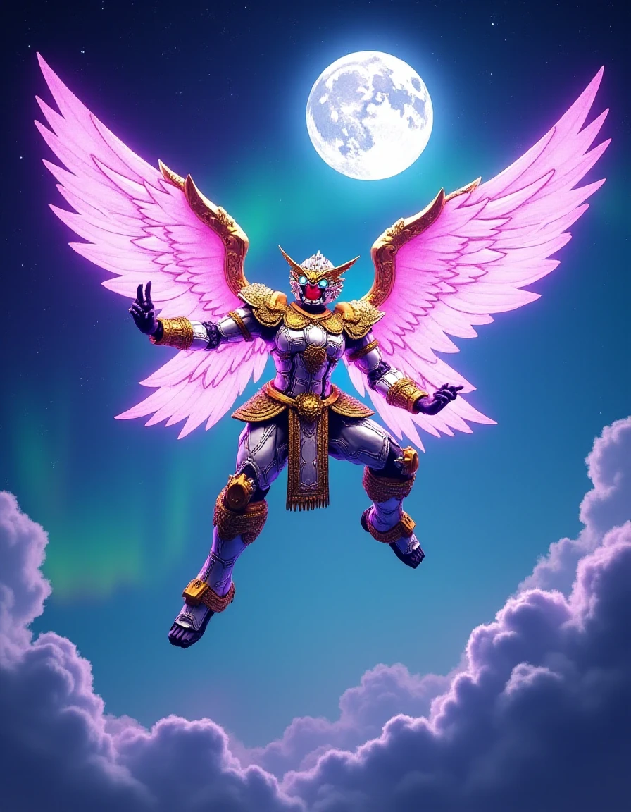 <lora:Hanumaan:1.8> full armor Hanumaan gundam fly with shiny platinum angel wings on the starry night sky and rainbow aurora moon.