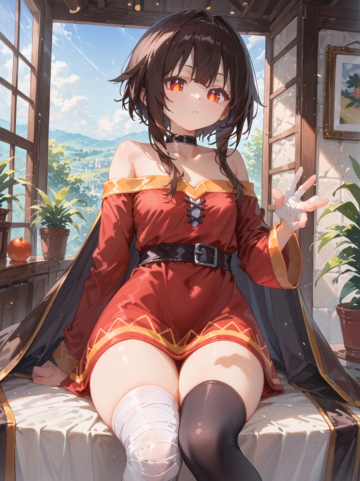 (intricate details:1.1), (detailed background:1.2),(Masterpiece:1.3)), (best quality:1.2), score_9, score_8_up, score_7_up,source_anime,<lora:Megumin:1>,megumin,black stocking,bandaged leg,no hat,reflective eyes,detailed fingers,reflective eyes