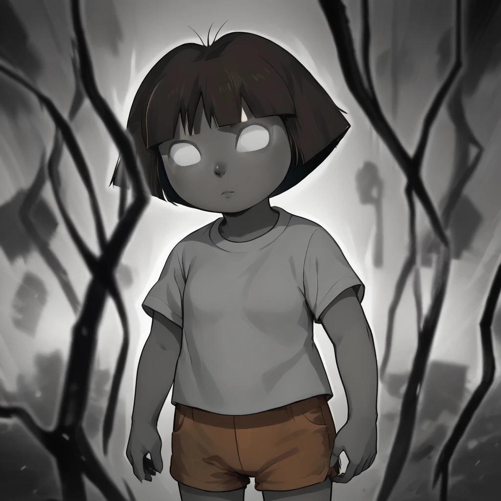 score_9_up, score_8_up, BREAK,  1girl, solo, Dora, short hair, brown hair, tan, shirt,  shorts, <lora:DoraTheExplorer_XL_Leaf3:0.8>,  cowboy shot, RageMode, no pupils, glowing eyes, monochrome, greyscale,  <lora:RageMode_MobPsycho100_PXL_Leaf1:0.8>