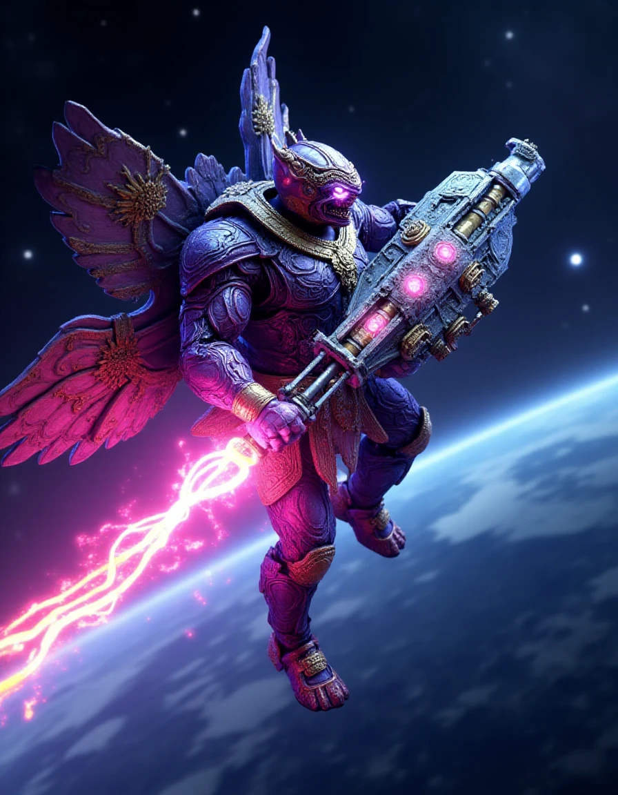 sci-fi style cyberpunk game style  <lora:Hanumaan:1.9> mecha hanumaan fly with the rainbow aurora fire engine on the space with starry white earth background . neon, dystopian, futuristic, digital, vibrant, detailed, high contrast, reminiscent of cyberpunk genre video games . futuristic, technological, alien worlds, space themes, advanced civilizations