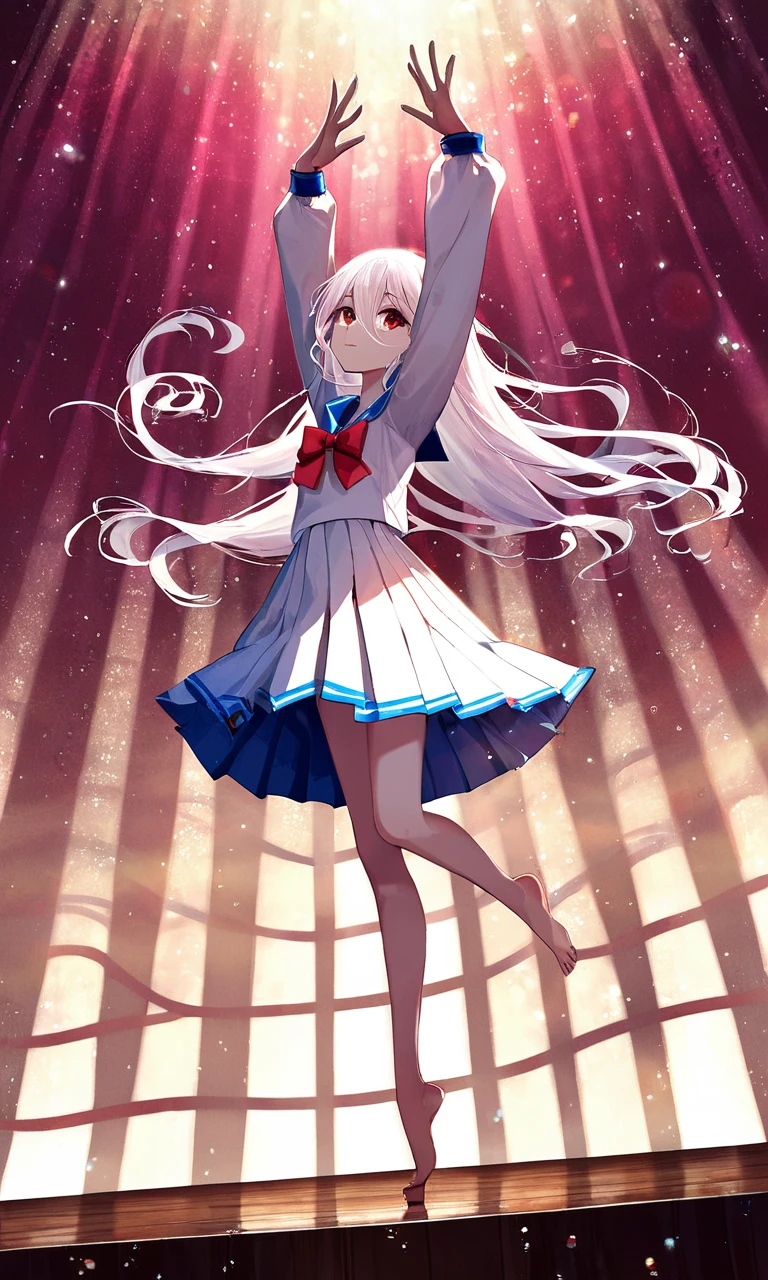 score_9, score_8_up, score_7_up,otion lines,very aesthetic,dynamic,amazing quality,best quality,absurdres,Tyndall effect,lens flare,focus,1girl,genie,solo,long hair,white hair,bangs,hair between eyes,floating long hair,red eyes,looking at viewer,serafuku,red bow,red bowtie,blue sailor collar,sailor collar,bowtie,white dress,long sleeves,pleated skirt,fantastic atmosphere,holy ray,ballet outfit,(light particles:1.2),dress,looking up,dancing,arms wide open,chin up,tiptoes,marionette,puppet,dynamic pose,ballet pose,on stage,full body,ripple,reflection,from side,from below,spotlight,light,<lora:color-first-4-000019:0.8>