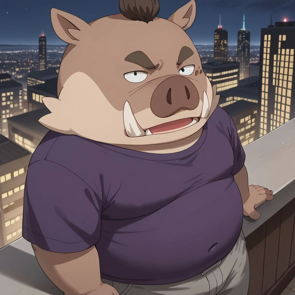 1boy, solo, male, cartoon style, anthropomorphic boar, boar character, facial tusks, black eyes, thick eyebrows, furrowed brows, beige fur, anthro boar, wild boar, round body, fat, chubby, fat man, thick arms, sharp tusks, hair tuft, animal traits, brown skin, light brown fur, beige fur, dark brown nose, light beige cheeks, two-tone fur, 4k, masterpiece, best quality, highly detailed, detail background, leaning on a balcony railing, gazing over a cityscape at night, an apartment balcony overlooking a brightly lit city, sasual purple shirt, gray pants. from above, profile view