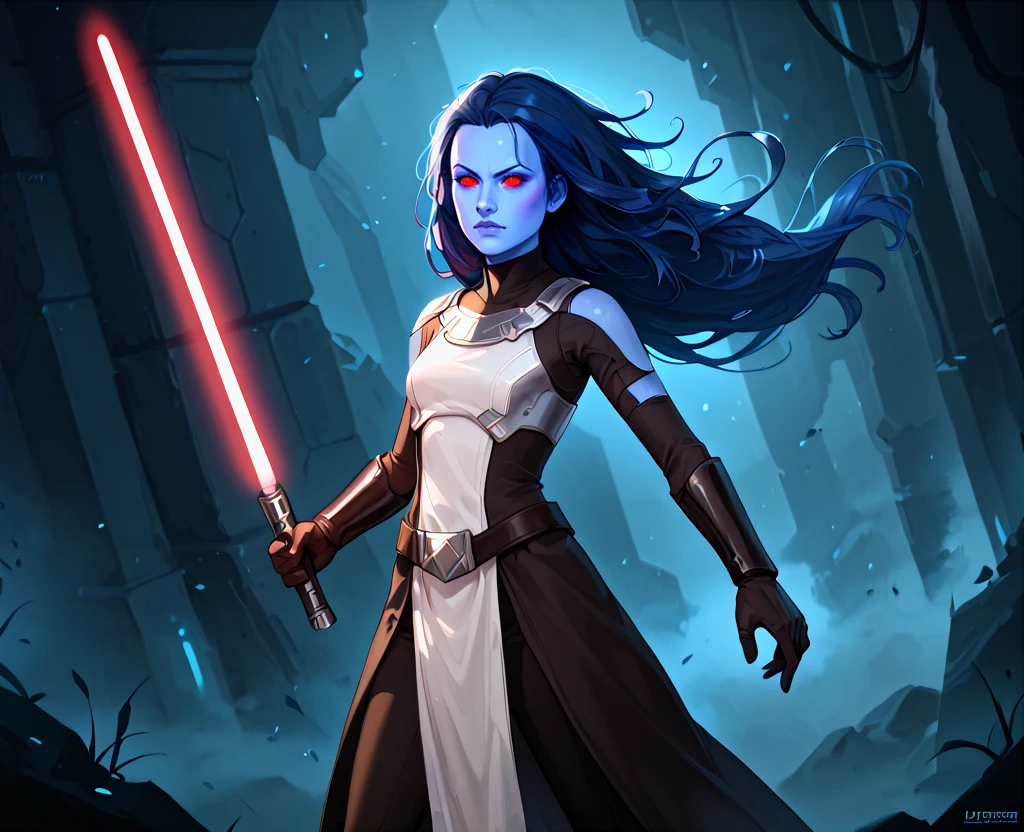 (score_9, score_8_up, score_7_up, score_6_up,) sev'rance tann, alien, chiss, blue skin, 1girl, lightsaber, energy sword, sword, weapon, solo, red eyes, long hair, animification, blue hair, holding, glowing, colored skin, floating hair, red eyes, gloves
 <lora:SW_Sevrance_Tann:1>