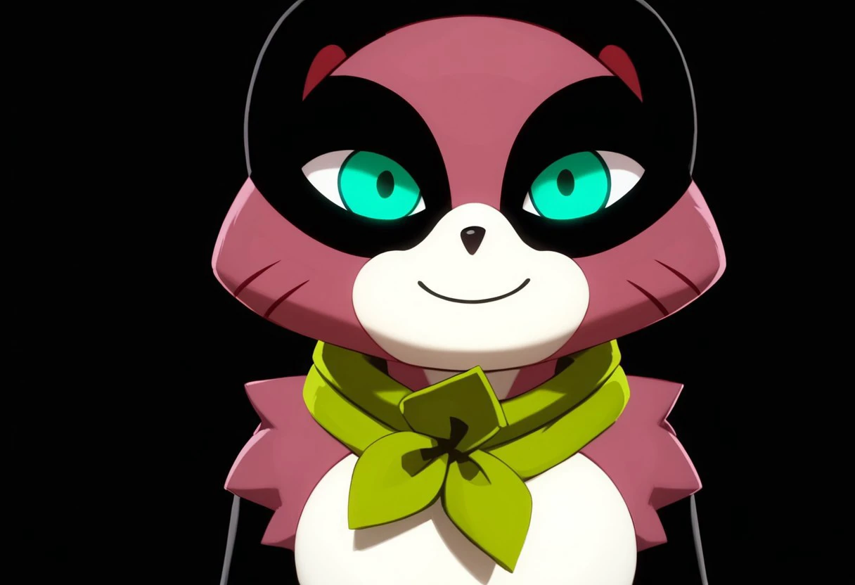 score_9, score_8_up, score_7_up, 1girl, solo, Expressiveh, (TanyaKeys, furry, anthro, female tanuki, white muzzle, pink body, pink fur, white body, two tone body, black arms, turquoise eyes, black pupils, green cape, black nose, smile, arms down, looking at viewer, cowboy shot, close-up, black background, simple background, 4k, masterpiece, best quality, highly detailed, realistic