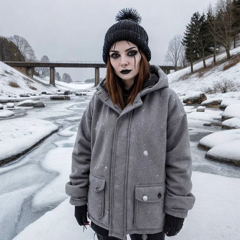 hhrror1 fzrvr1 A raw, unedited close-up photo of a gothic horrorcore woman standing on a frozen riverbed, wearing a thick winter jacket with a fur-lined hood and a knitted beanie hat. Her breath is visible in the cold air, and snowflakes cling to her jacket. The frozen river stretches behind her, with ice cracks and snow-dusted trees in the background. Taken with a Canon EOS R5, the image focuses on the straightforward details of the woman and her cold surroundings without any artistic or dynamic embellishments.