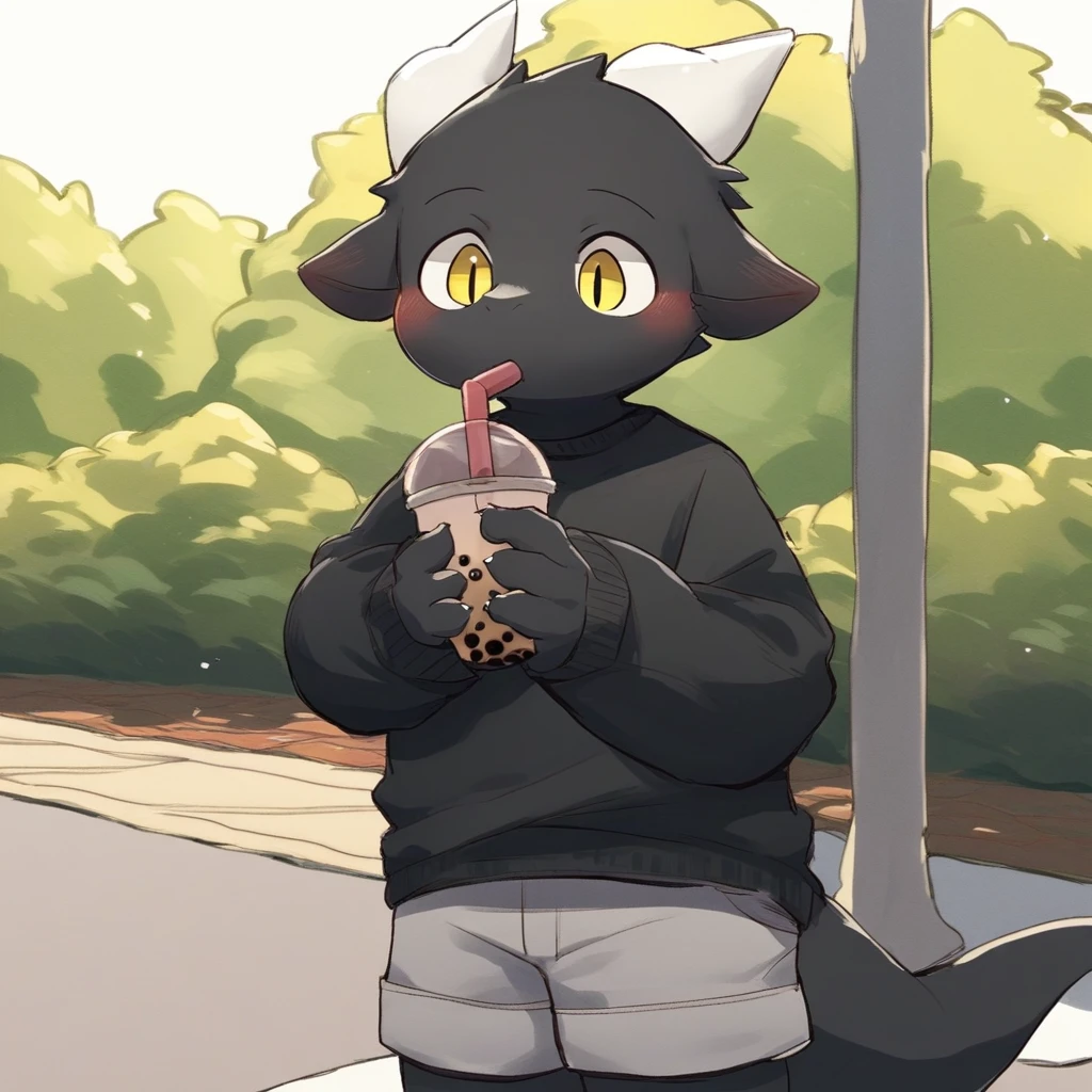 score_9_up, score_8_up, score_7_up, source_furry, mikus-kom_jis, black dragon, black body, white horns, yellow eyes, park, holding, bubble tea, black sweater, gray shorts, 1boy, solo