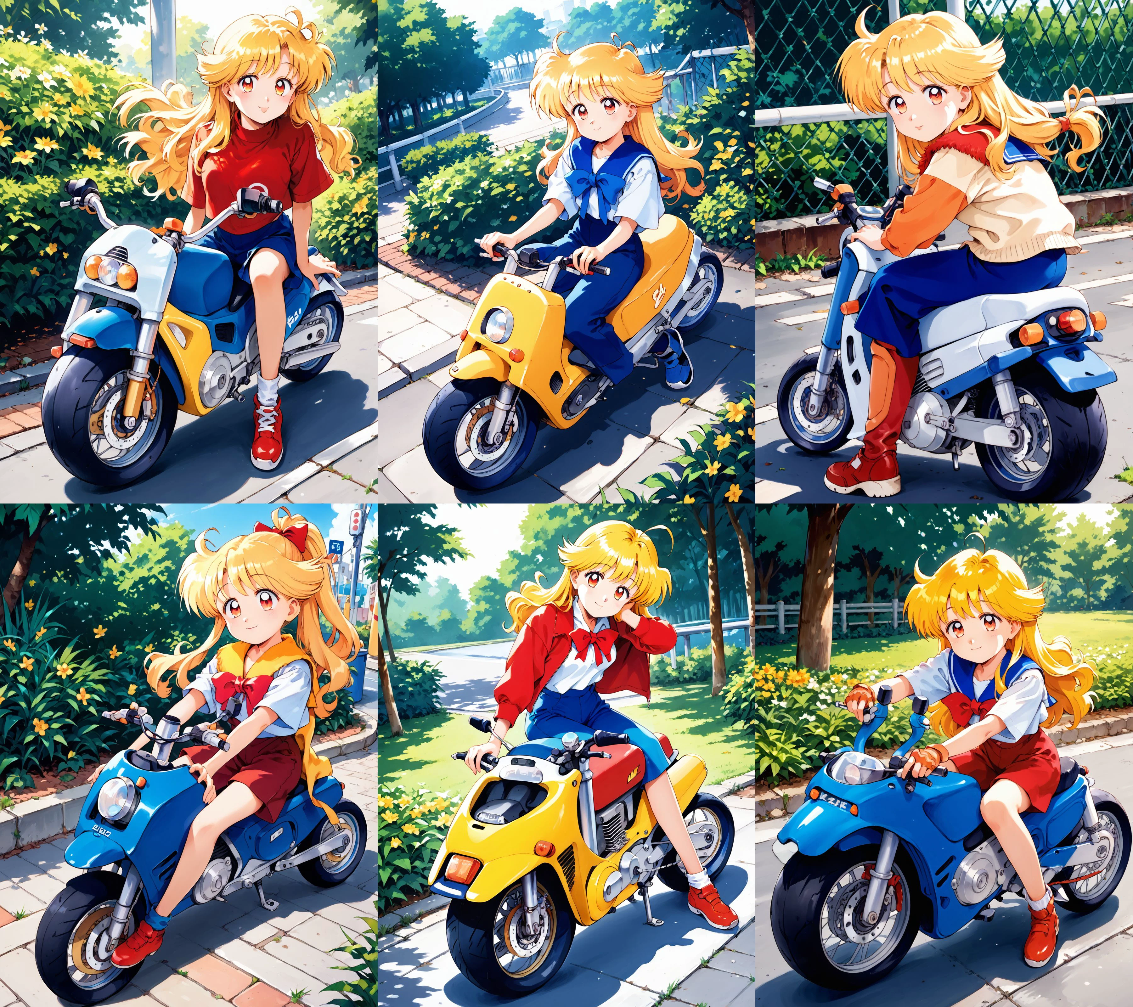 score_9, score_8_up, score_7_up, source_anime, traditional media, 1990s \(style\), retro artstyle, high res image, cute face, shiny hair, ultra detailed eyes, full body, 
bikid's!, solo,1girl kazane mai with blonde kinky long hair sitting on scooter with long handlebars, datch angle, outdoors, beautiful detailed background,<lora:kazuka_tokio_bikids_and_kazagake_shohjogumi-000035:1>