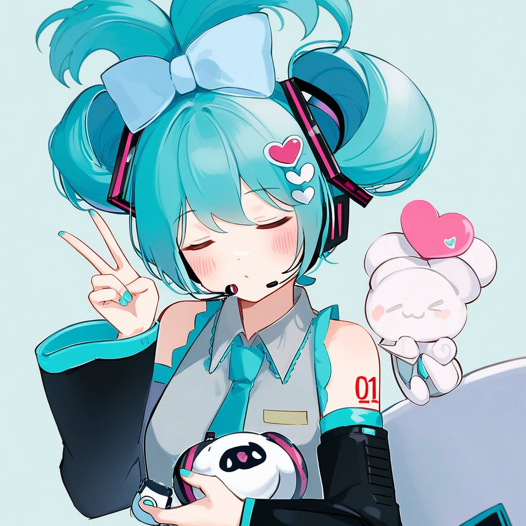 closed eyes, collared shirt, v, hatsune miku (cosplay), holding, holding cup, bangs, updo, headset, heart hair ornament, boots, bare shoulders