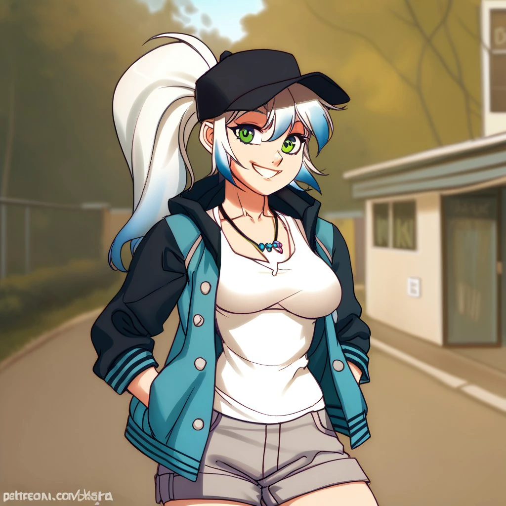 score_9_up, score_8_up, score_7_up, frosty, human, white hair, blue highlights, green eyes, ponytail, solo, 1girl, sharktooth necklace, open jacket, white tanktop, shorts, baseball cap, smile, looking at viewer, hands in pockets, close up, portrait, outdoors, street, depth of field, iskrastyle, by iskra