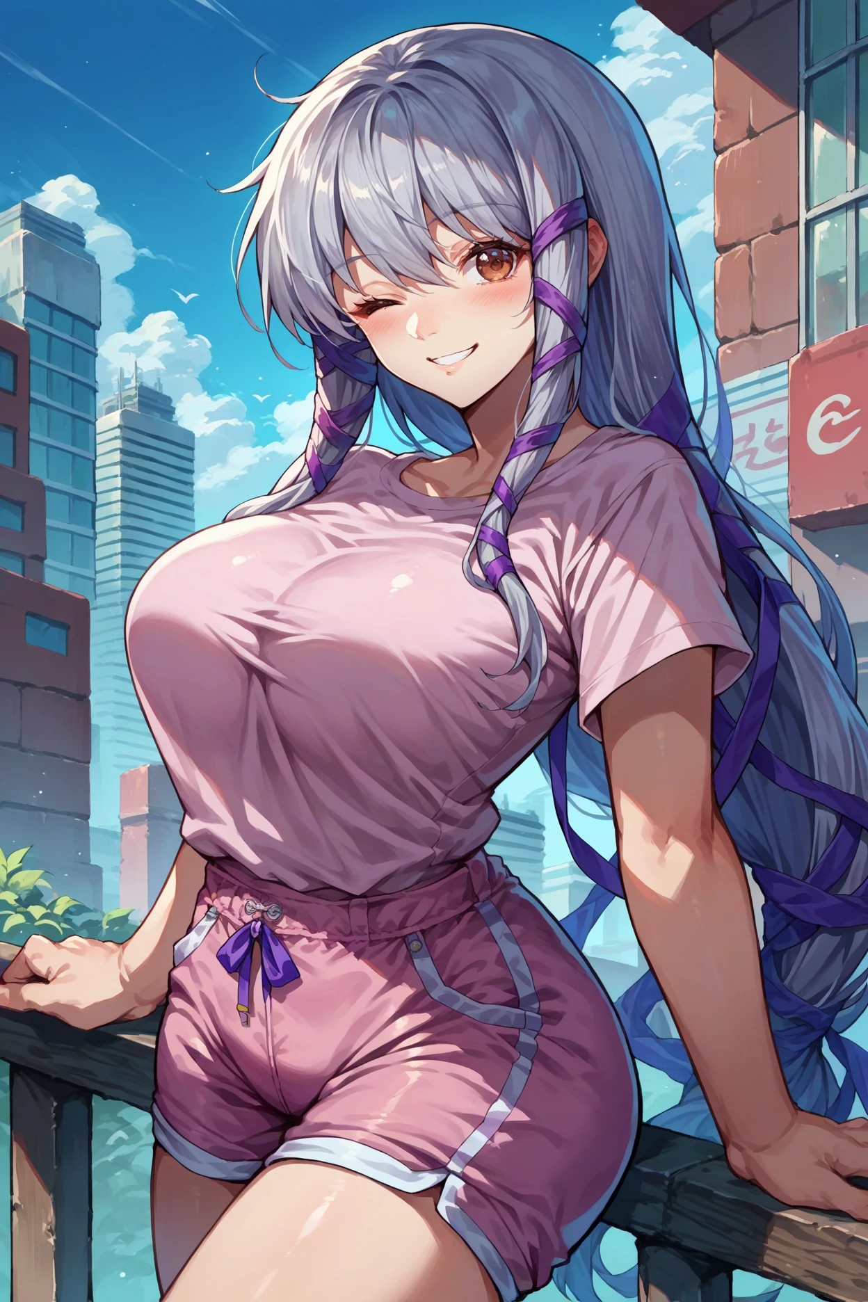 score_9, score_8_up, score_7_up, score_6_up, source_anime, 1girl, solo, <lora:clairlasbard-pdxl-nvwls-v1-000006:1> soClair, grey hair, brown eyes, long hair, hair ribbon, purple ribbon, large breasts, pink t-shirt, spandex shorts, looking at you, wink, smile, blush, city, blue sky