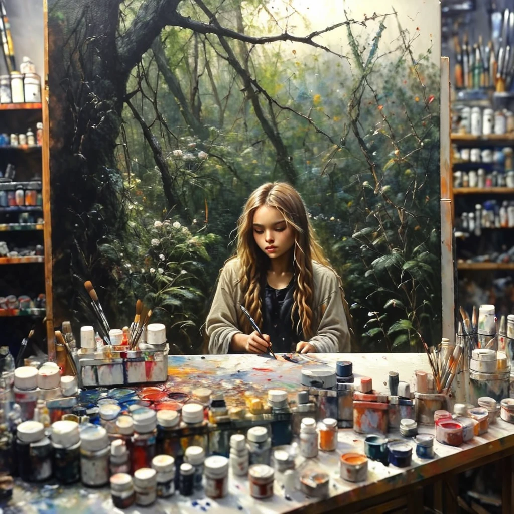 oneironartifex onefex a painting in a painting studio, girl, very detailed<lora:oneironartifex:1.2>