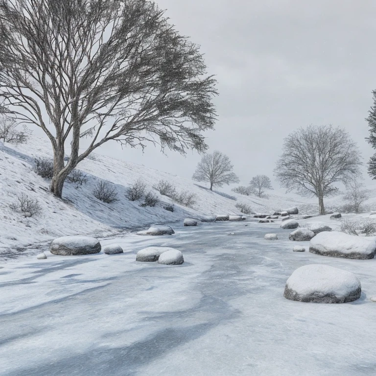 fzrvr1 A raw, unedited a frozen riverbed,. The frozen river stretches, with ice cracks and snow-dusted trees in the background. Taken with a Canon EOS R5, the image focuses on the straightforward details of the scene surroundings without any artistic or dynamic embellishments.