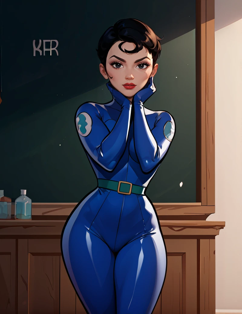 score_9, score_8_up, score_7_up,Environmental portrait, head out of frame , honeydew, agent_honeydew, 1girl, black hair, solo, lipstick, black eyes, Super Short Pixie hairstyle, short hair, blue body suit, full blue body suit, full body, thigh thighs, highly detailed face, greenbelt,  looking at viewer, Main Laboratory, cluttered with strange devices, bubbling test tubes, scattered notes, dimly lit with flickering lights, a large chalkboard covered in complex equations , ,dark navy high boots,     <lora:Agent_Honeydew_Pony:1>