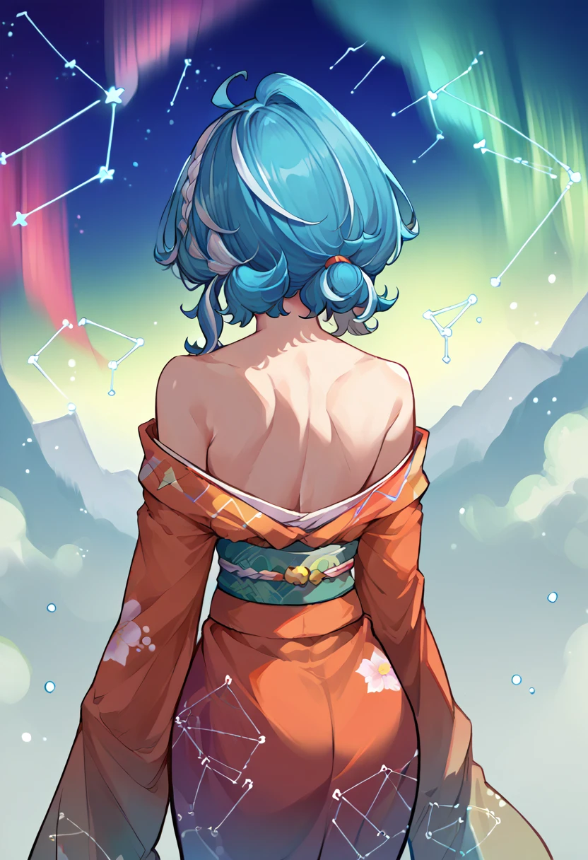 score_9, score_8_up, source_anime, 1girl, solo, ShiranamiRamune, orange eyes, multicolored hair, blue hair, white hair, braid, medium hair, ahoge, aurora, back, bare back, bare shoulders, constellation, from behind, kimono, light particles, long sleeves, off shoulder, <lora:ChamShiranamiRamunePonyXL:1>