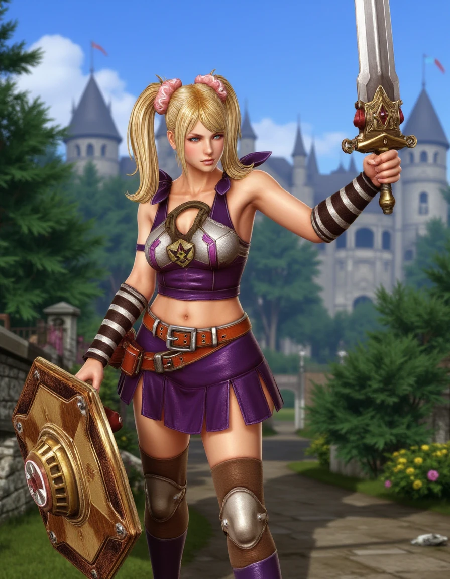 Juliet Starling is wearing a medieval warrior’s armor, complete with a sword and shield. She is standing in a fighting pose with sword raised up. She has angry expression. The background is a lush forest and a castle visible in the distance.