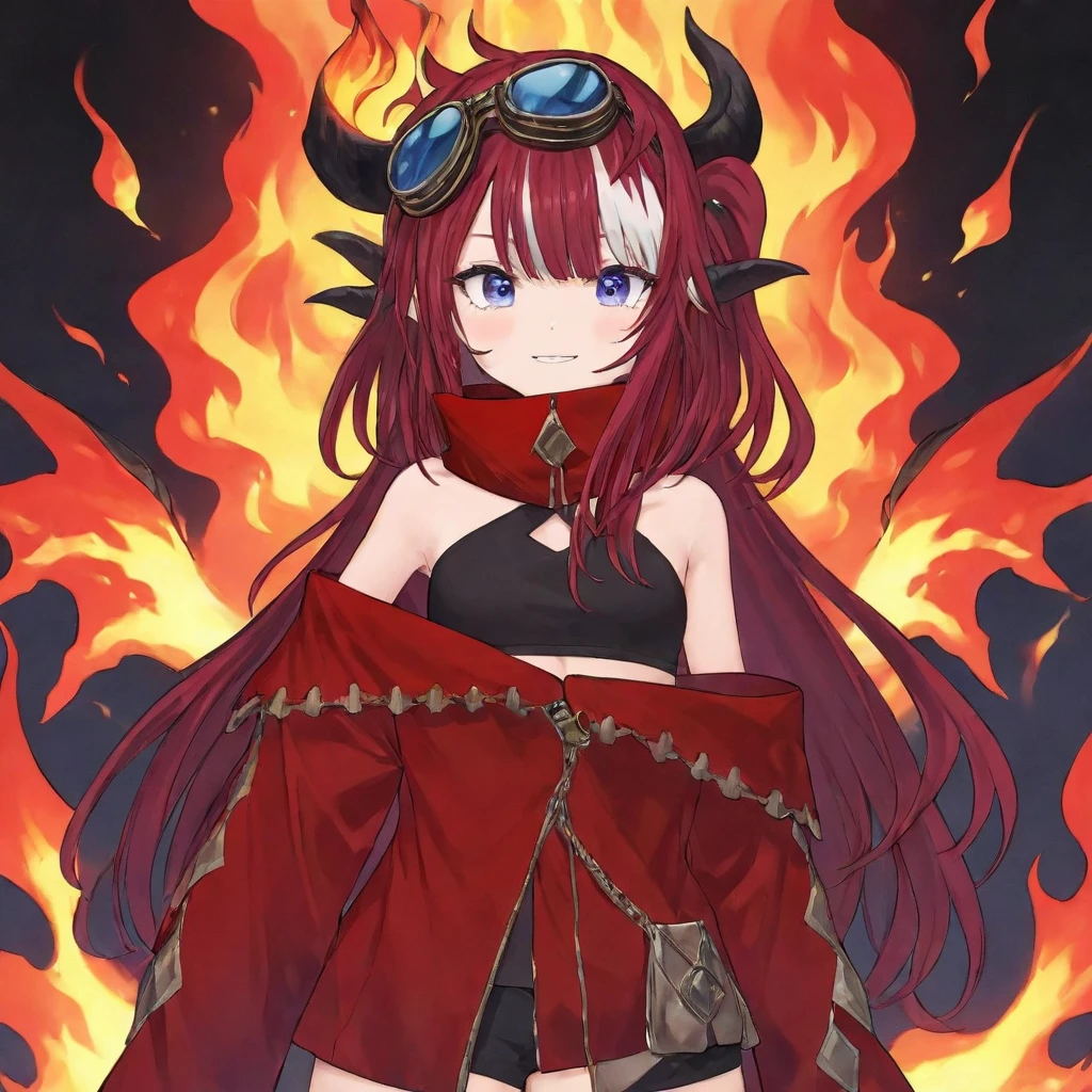 saya, crimson hair, small breasts, white bangs, dragon girl, goggles, bare shoulders,blue purple gradient eyes, virtual youtuber, solo, 
black crop top, red coat, red turtle neck, burning background, flames, 
<lora:SAYA-XL-t1-000004:0.6>