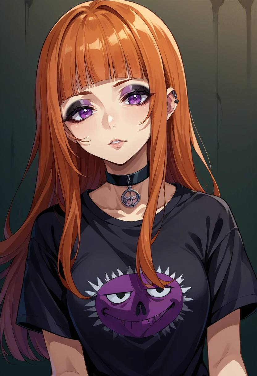 score_9, score_8_up, source_anime, 1girl, solo, AnjuYuuki, purple eyes, orange hair, long hair, blunt bangs, black shirt, t-shirt, black choker, goth, eyeliner, eyeshadow, <lora:ChamAnjuYuukiPonyXL:1>