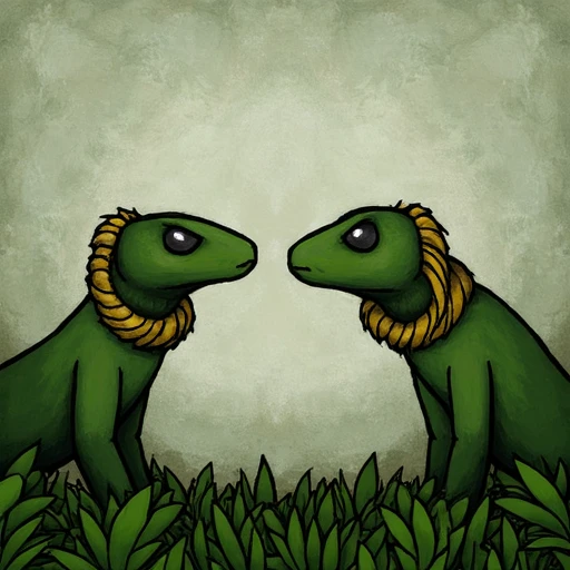 This image is a digital painting by Luke Chueh in a cartoonish, semi-realistic style. Two lizards stand face to face, their frilled necks flaring out in an intimidating display. The simple background has a textured look and a pattern of jungle leaves.