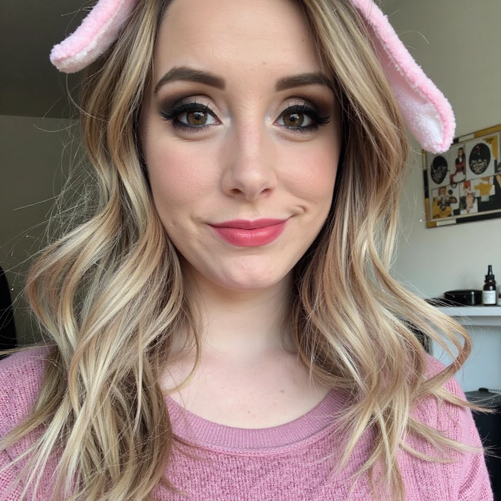 A photo of a woman. The photo includes her entire body. She is wearing pink lipstick. She has bold black eyeliner. She has smokey eyeshadow. She has a slight grin. She is looking directly into the camera. She has a natural skin texture. The skin is very detailed including skin pores. She has pink nails.
She is wearing bunny ears. She is wearing a pink sweater.