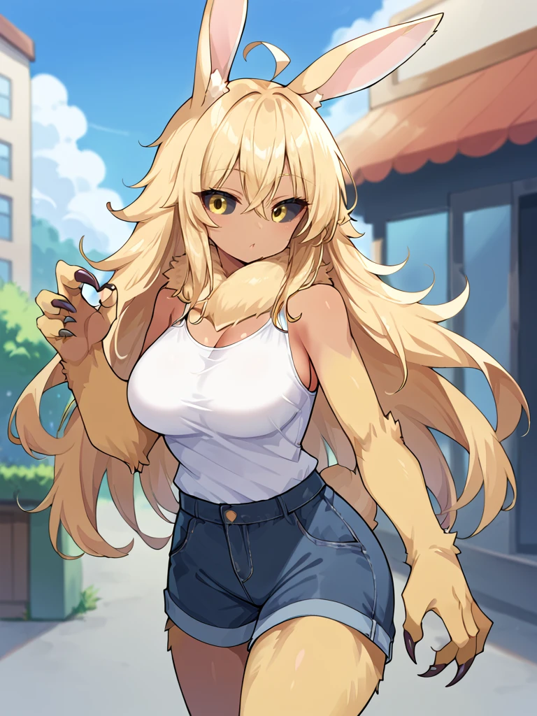 score_9, score_8_up, 1girl, masterpiece, solo,  <lora:Yorusagi_OC_Pony:1> yorusagi, rabbit ears, blonde hair, long hair, ahoge, black sclera, yellow eyes, dark skin, neck fur, body fur, claws, large breasts, outdoors, casual clothes