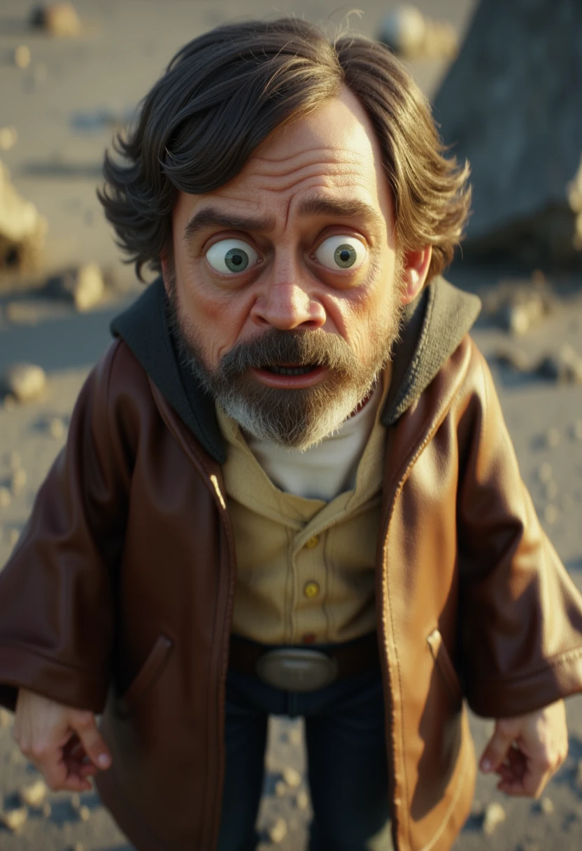 An expressive and energetic Luke Skywalker is 3d final render, hiper-realistic Rick and Morty, detailed, 8k