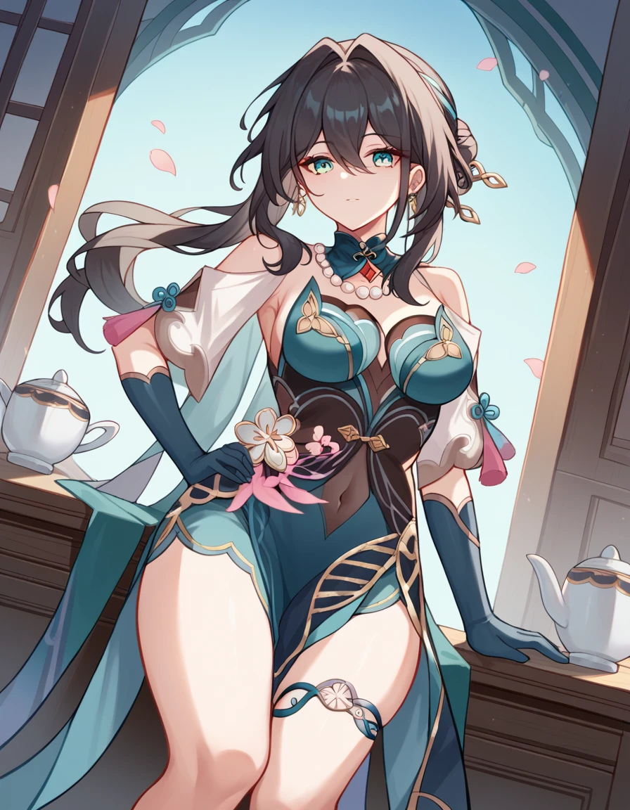 score_9, score_8_up, score_7_up, source_anime, <lora:ruan-mei-ponyxl-lora-nochekaiser:1>, ruan mei, black hair, aqua eyes, long hair, hair bun, single hair bun, sidelocks, streaked hair, hair between eyes, chinese clothes, pearl earrings, pearl necklace, thigh strap, bare shoulders, covered navel, aqua collar, jewelry, detached sleeves, sleeveless, sleeveless dress, clothing cutout, hair ornament, dress, elbow gloves, gloves, aqua dress, aqua footwear, aqua gloves, hairpin, high heels, small, cozy study filled with blueprints and scientific diagrams, teacup steaming on the desk, sakura petals scattered, cowboy shot, dutch angle, elbow bent, hand on hip
