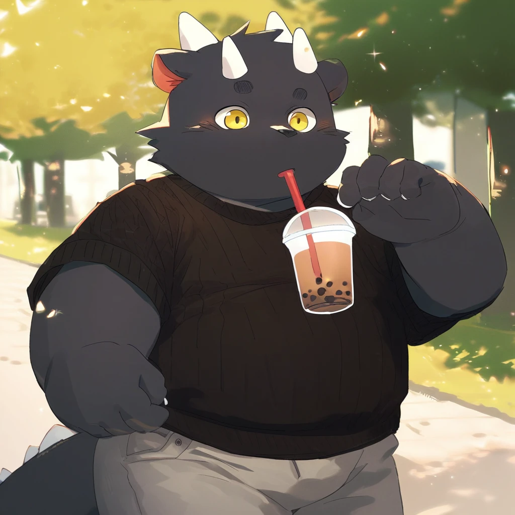 score_9_up, score_8_up, score_7_up, source_furry, mikus-Tongmung24, black dragon, black body, white horns, yellow eyes, park, holding, bubble tea, black sweater, gray shorts, 1boy, solo