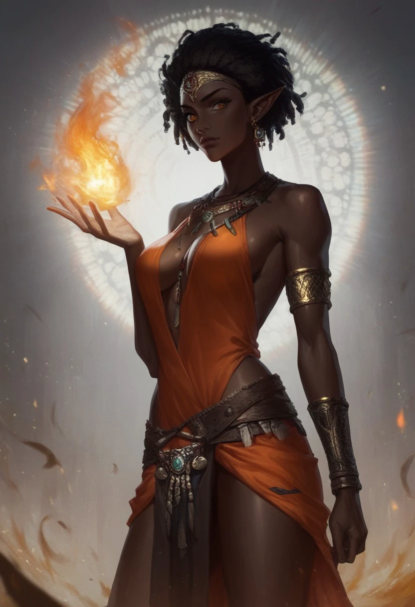 score_9, score_8_up, score_7_up, BREAK, 1girl, cowboy-shot, ((beautiful, elf, dark skin, african woman, (Ebony african woman:1.8) black woman, ebony, ebony skin, ebony woman, orange eyes, (negroid face features:1.2), mage, sorceress, wizard, fire mage, fire, fire magic, orange robe, orange toga, fantasy toga, (black hair:1.8), short hair, tribal, tribal tatoo, medium brests, dramatic lights)