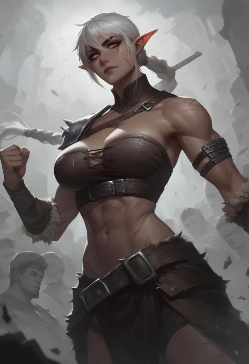 score_9, score_8_up, score_7_up, BREAK, 1girl, portrait, ((beautiful, elf, latina, latina woman, latina skin, clear golden eyes, white hair, long ponytail, ponytail, bangs, side bags, braided ponytail, fighter, barbarian, gladiator, muscular, athletic, scars on body, scars, scars on face, ragged, death knight, warrior (smug:0.85), (big breast:1.25), dramatic lights))