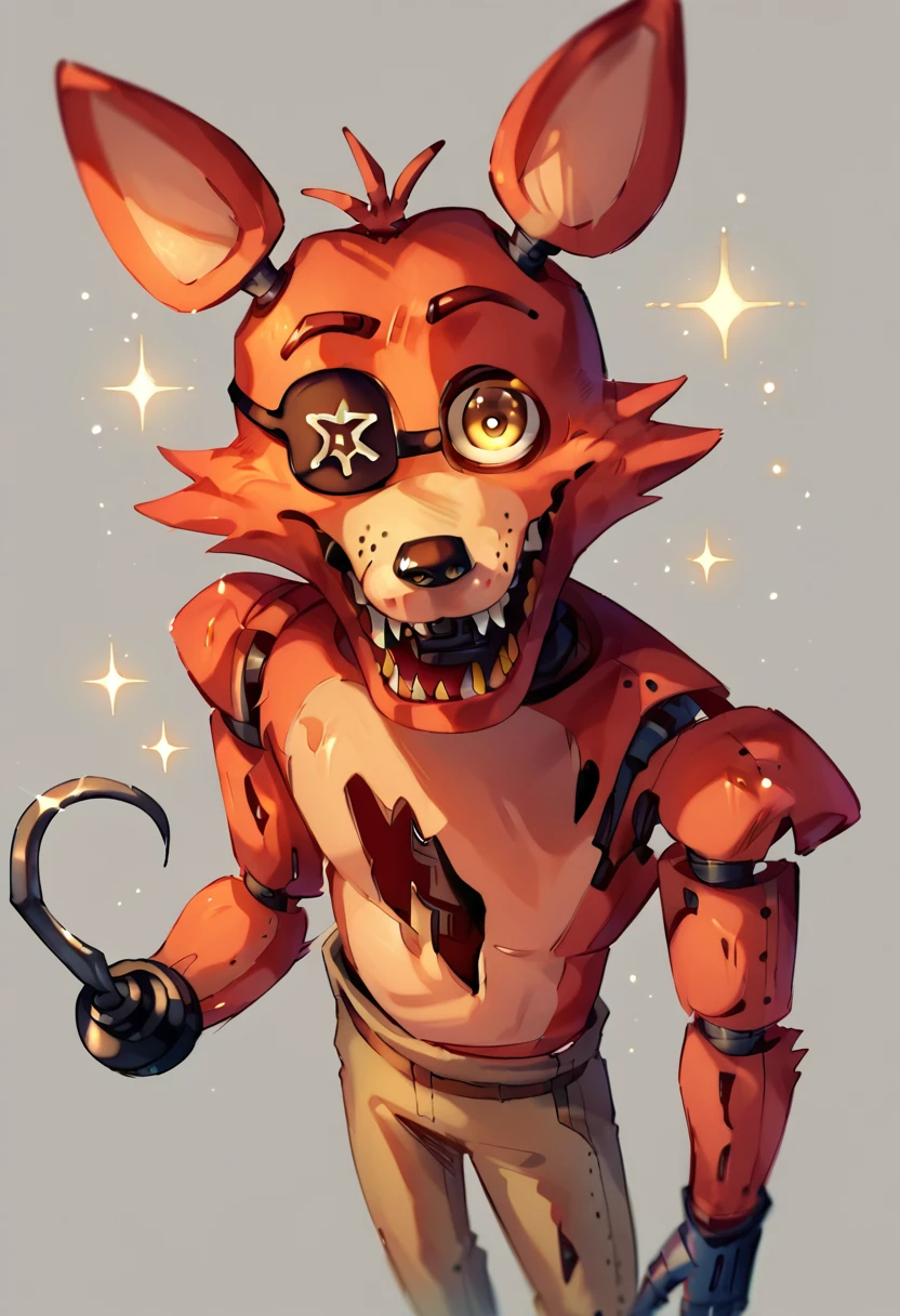 score_9, score_8_up, score_7_up, lots of details, highly detailed, (foxy), animatronic, high angle, gray background, yellow eyes, cute, brown pants, looking at viewer, hook, eyepatch, red fox, bright background, light particles, detailed, detailed eyes, hires, best quality <lora:Foxy:1>