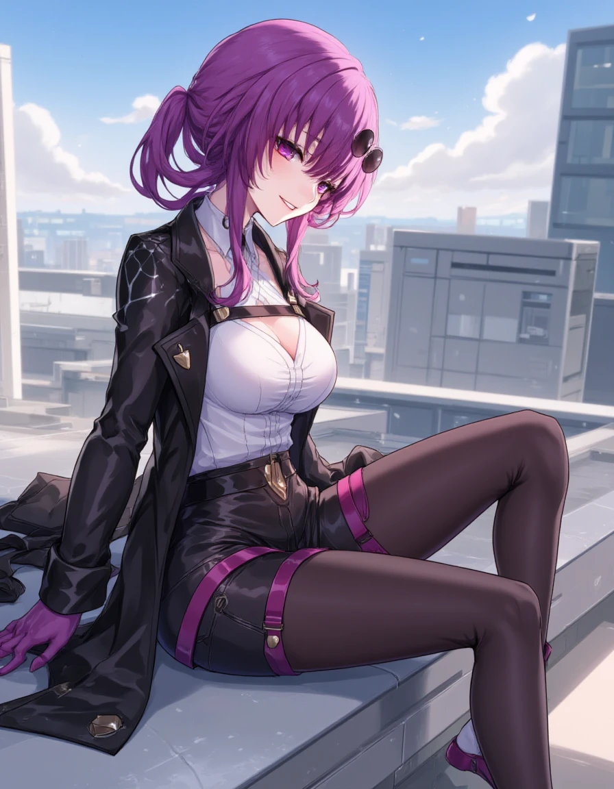 kafka, female, purple hair, pink eyes, black jacket, sunglasses, anime, sitting on a roof