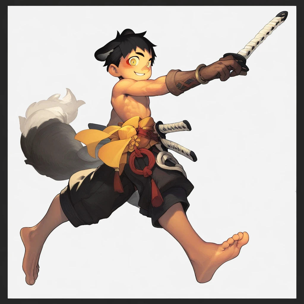 "8k, score_9, score_8_up, score_7_up, portrait, masterpiece,  blurry background, 1boy, male, male focus, big feet, weapon, animal ears, white background, tail, sword, simple background, black hair, sheath, yellow eyes, smile, bird, gloves, sheathed, jewelry, barefeet, soles, cute face, fantady clothes, topless, muscular, defined body standing up, Dynamic pose, looking at viewer, intense look, accessories, smile, black outline, thick outline, Draugnut, draugnut style, style, , SOLO, CUTE FACE, Flower bed background, orgasmic looking, blushing,black outline,thick outline, looking at viewer,"