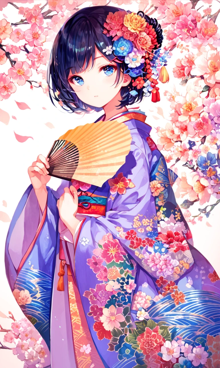 score_9, score_8_up, score_7_up,1girl, solo, hair ornament, japanese clothes, kimono, blue eyes, hair flower, flower, hand fan, holding, looking at viewer, black hair, upper body, holding fan, short hair, wide sleeves,<lora:Pony-Bright Artistry-Zycc:0.8>