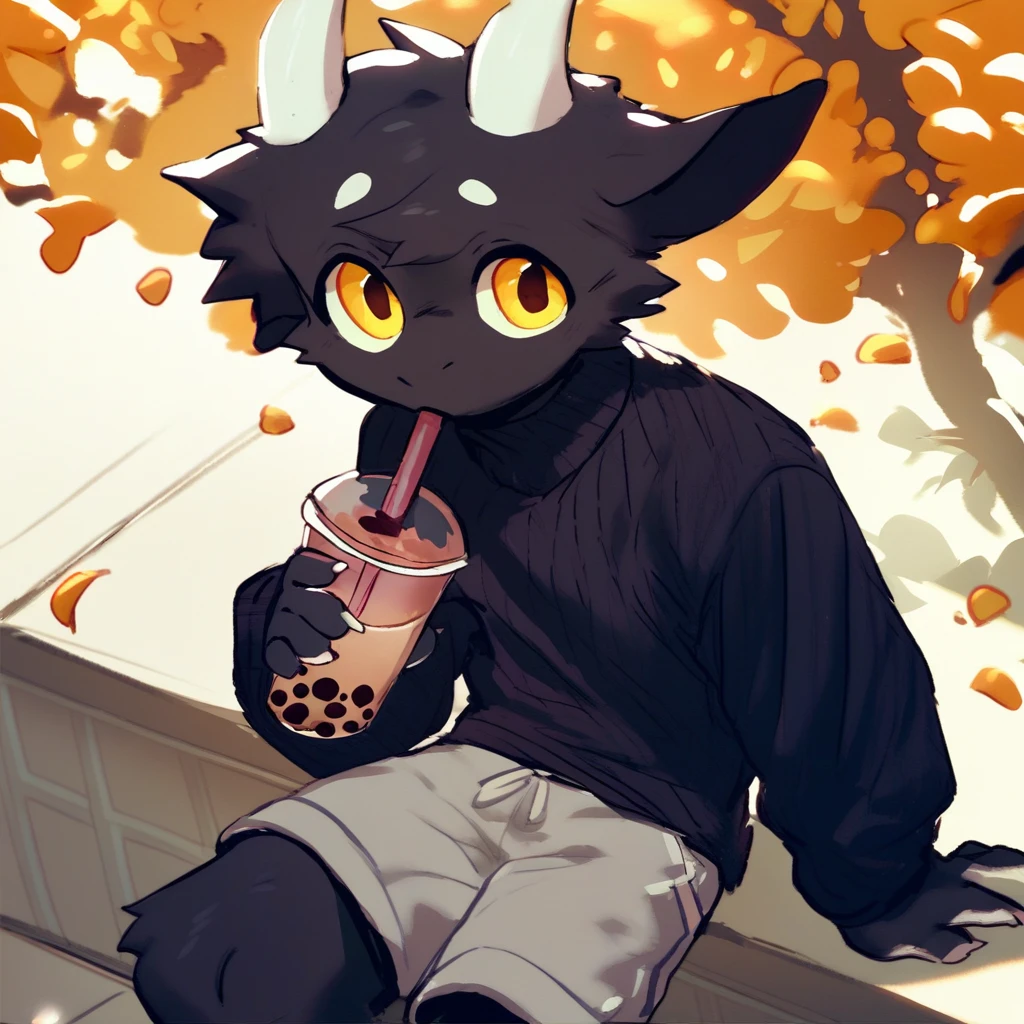 score_9_up, score_8_up, score_7_up, source_furry, mikus-CopiTheCat, black dragon, black body, white horns, yellow eyes, park, holding, bubble tea, black sweater, gray shorts, 1boy, solo