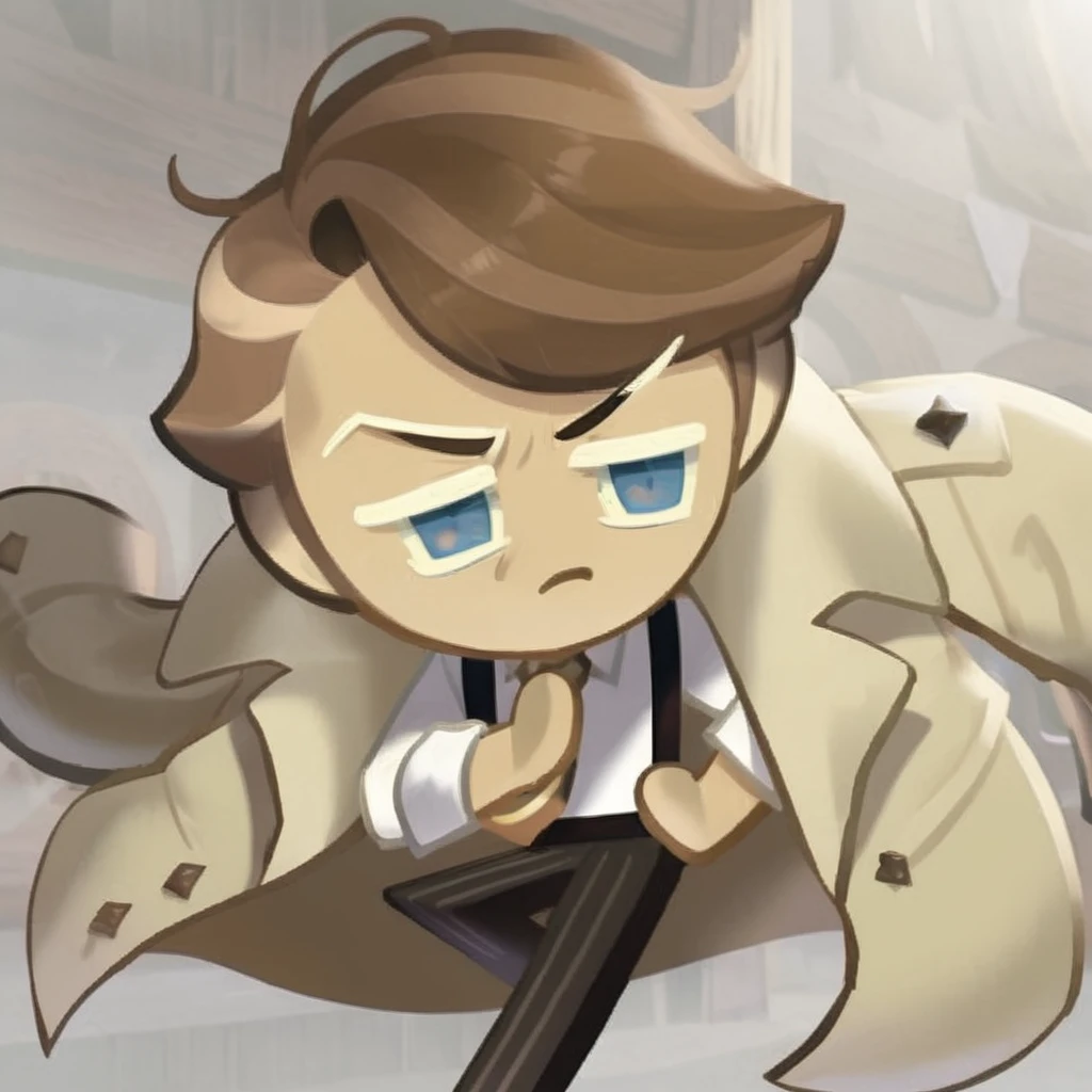 solo, short hair, blue eyes, brown hair, shirt, long sleeves, 1boy, closed mouth, white shirt, male focus, necktie, collared shirt, pants, chibi, coat, frown, suspenders, coat on shoulders


,cookie_run, pose, official_art, messy hair, bust shot