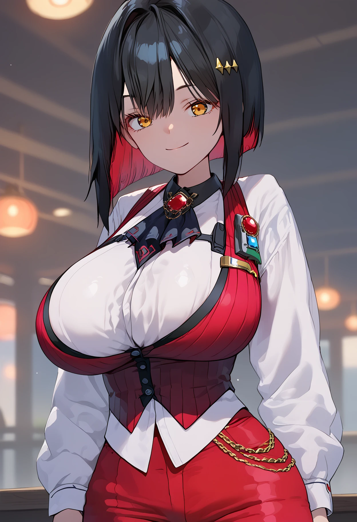 score_9, score_8_up, score_7_up, source_anime, 
BREAK
1girl, solo,
<lora:nikkeRougeV1-000010:1>, shirogue, black hair, colored inner hair, yellow eyes, short hair, hairclip, bob cut, 
huge breasts, ascot, brooch, red vest, red pants, 
looking at viewer, smile,