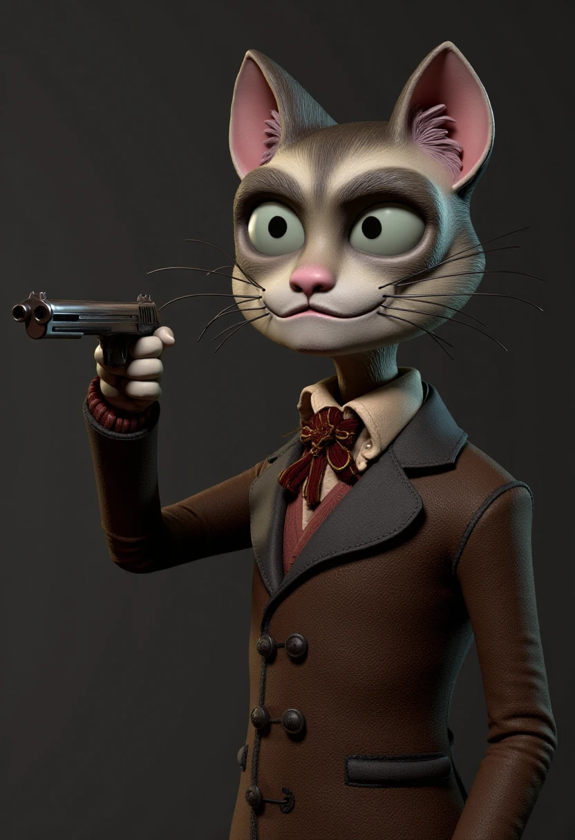 <lora:Tim_Burton_Style_FX-000001:1.1>  tburton_style, anthropomorphic cat pointing a gun at the viewer