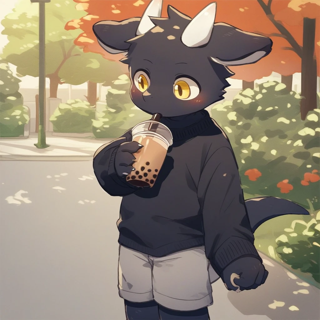 score_9_up, score_8_up, score_7_up, source_furry, mikus-kom_jis, black dragon, black body, white horns, yellow eyes, park, holding, bubble tea, black sweater, gray shorts, 1boy, solo