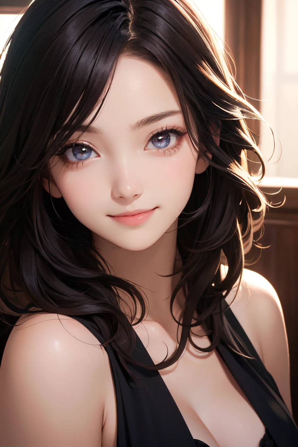 1girl, upper body, 18 years old, medium hair, beautiful face, dark brown eyes, glowing eyes, sensuous lips, smiling, side soft light, triadic color scheme, (high-quality:1.2), (best-quality1.2), (absurd-res, ultra detailed:1.1), epic composition, dramatic lighting