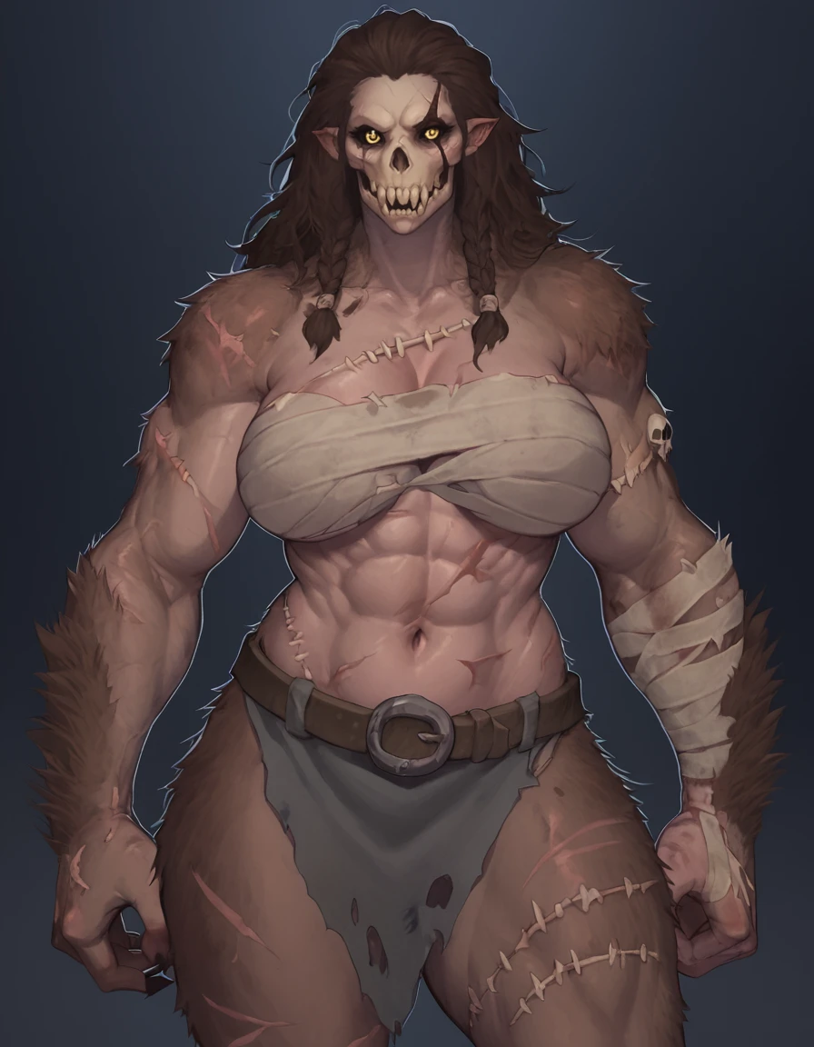 score_9, score_8_up, score_7_up, dark background,
RatOgre, monster girl, mature female, curvy, bandaged chest, belt, brown fur, stitches, scars, exposed skull, exposed organs,  wounds,
looking at viewer, muscular, solo,
 <lora:RatOgre_PonyXL:0.8>