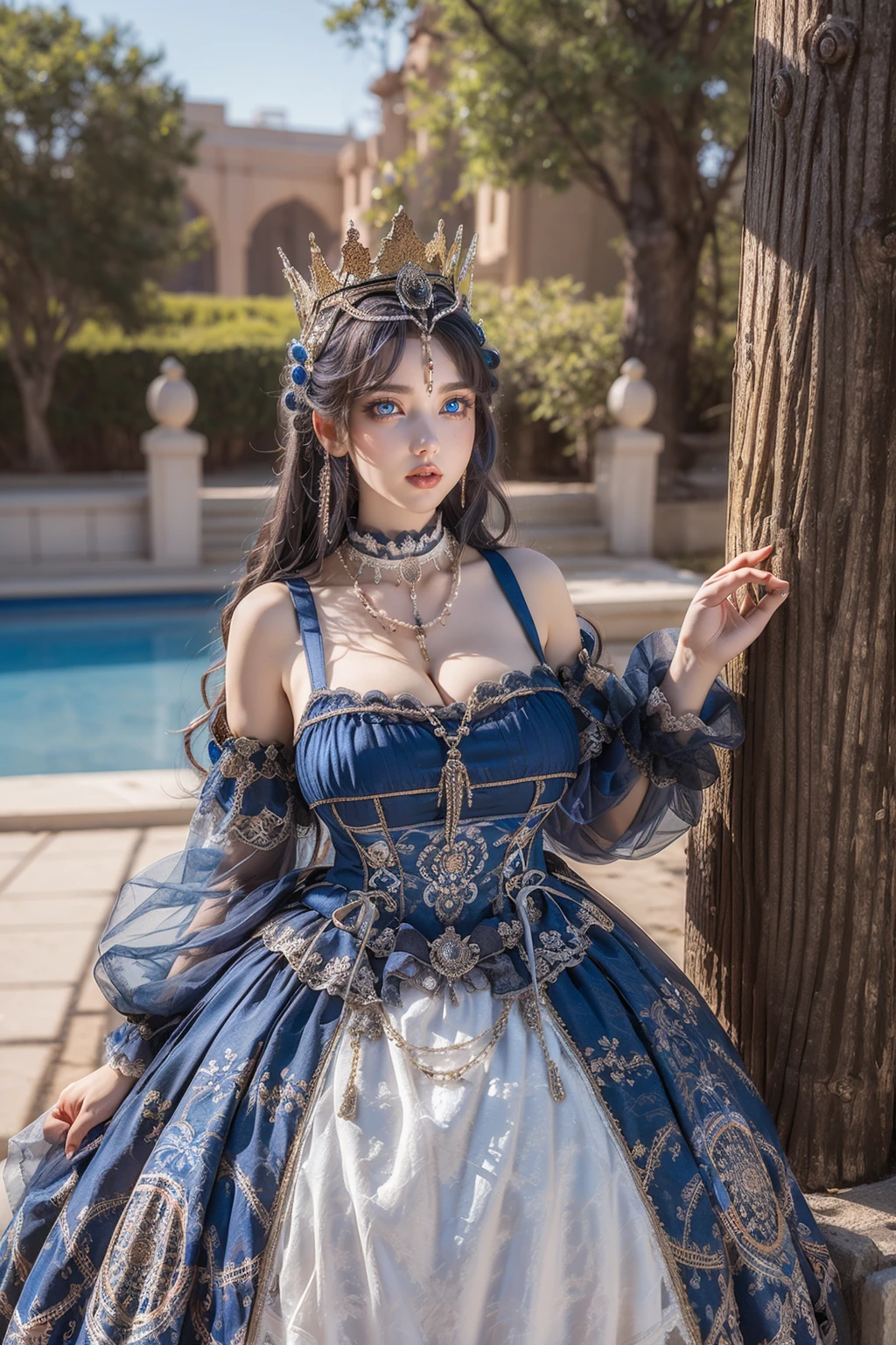 (masterpiece, best quality:1.2),illustration,8k,hd,1 girl,very long hair,solo,cxzg,dress,cyan dress,tiara,detached sleeves,jewelry,necklace,frills,lace,cross-laced clothes,crown,((cleavage)),big breasts,outdoors,(glowing blue eyes:1.3),