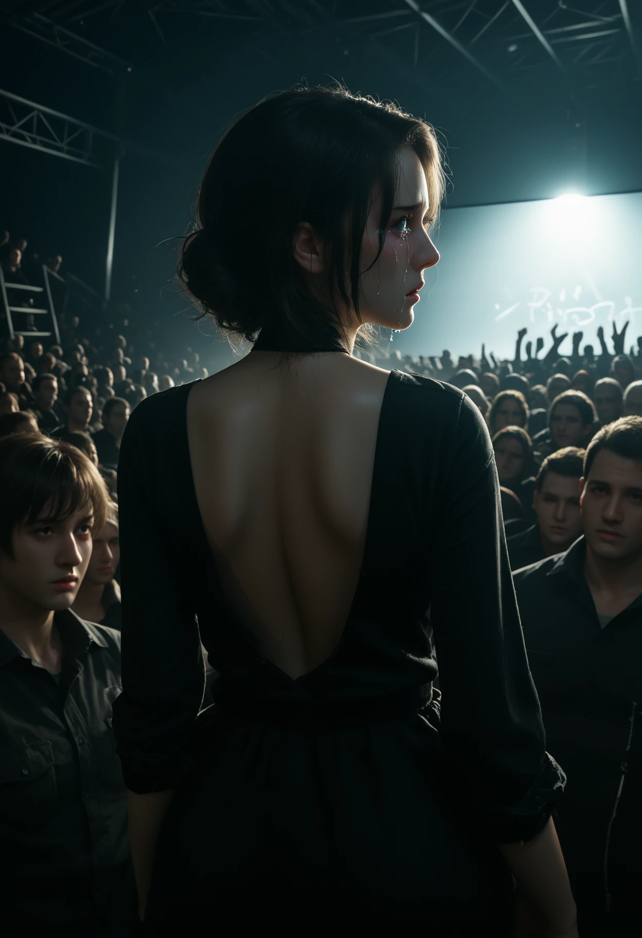 The woman's back is turned to the audience,looking back to the audience,a look of despair in her eyes,tears streaming down,shot from top to bottom,dark style,rich colors,dark colors,dim light,