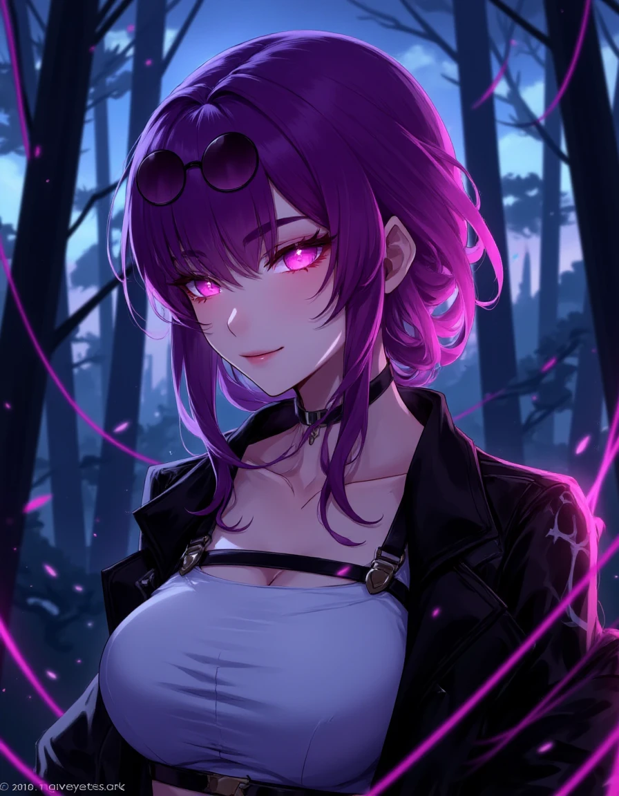 kafka, female, purple hair, glowing pink eyes, white top, black jacket, bold straps, sunglasses, inside a forest, neon web