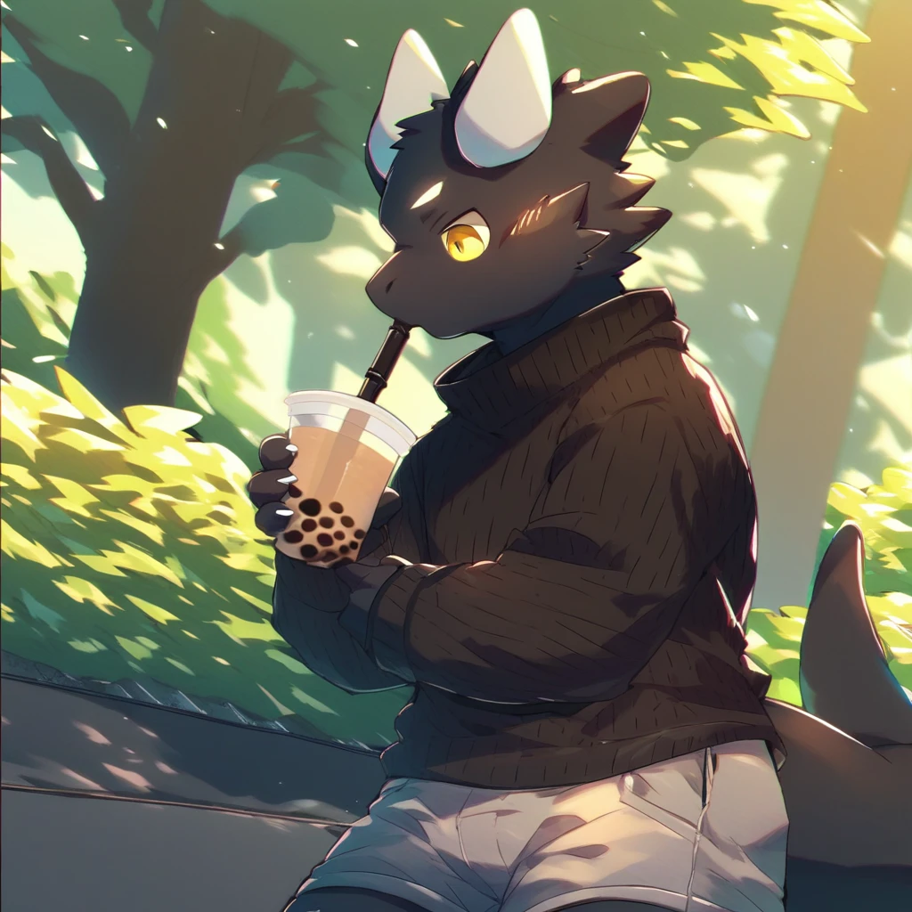 score_9_up, score_8_up, score_7_up, source_furry, mikus-M0fuch4, black dragon, black body, white horns, yellow eyes, park, holding, bubble tea, black sweater, gray shorts, 1boy, solo