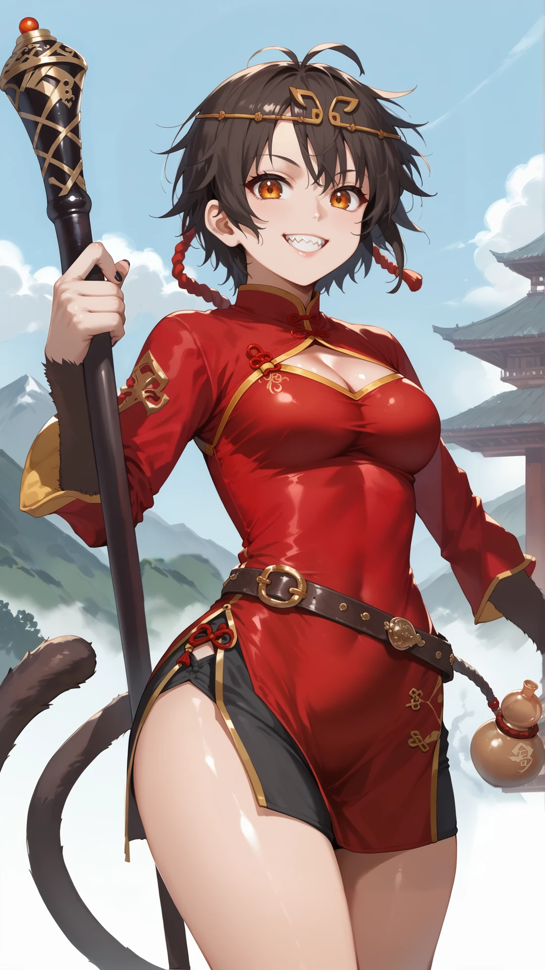 2d, fantasy-style, (zPDXL2), (((cowboy shot))), (((dynamic pose))), (((dynamic angle))), sehele style, webtoon, anime, centered, solo, 1girl, 1woman, sun wukong, monkey king, golden fillet, holding, (holding battle staff), gosk, ((gourd flask attached to belt)), (((short messy hair))), metal Chinese armor, cleavage, (((gray long Chinese dress))), silk belt, brown hair, red amber eyes, light skin, bottom heavy, cute, attractive, shiny skin, smiling, sharp teeth, monkey ears, black nails, monkey tail, black shorts, outdoors, mountains, <lora:sd_xl_dpo_lora_v1:1>, <lora:OMG-Is-DucHaiten_v1.0:0.1>, <lora:Seunghee_Lee_Style_PDXL:0.4>, <lora:ManhwaSDXL:1>,  <lora:gosk_PonyXL:0.8>