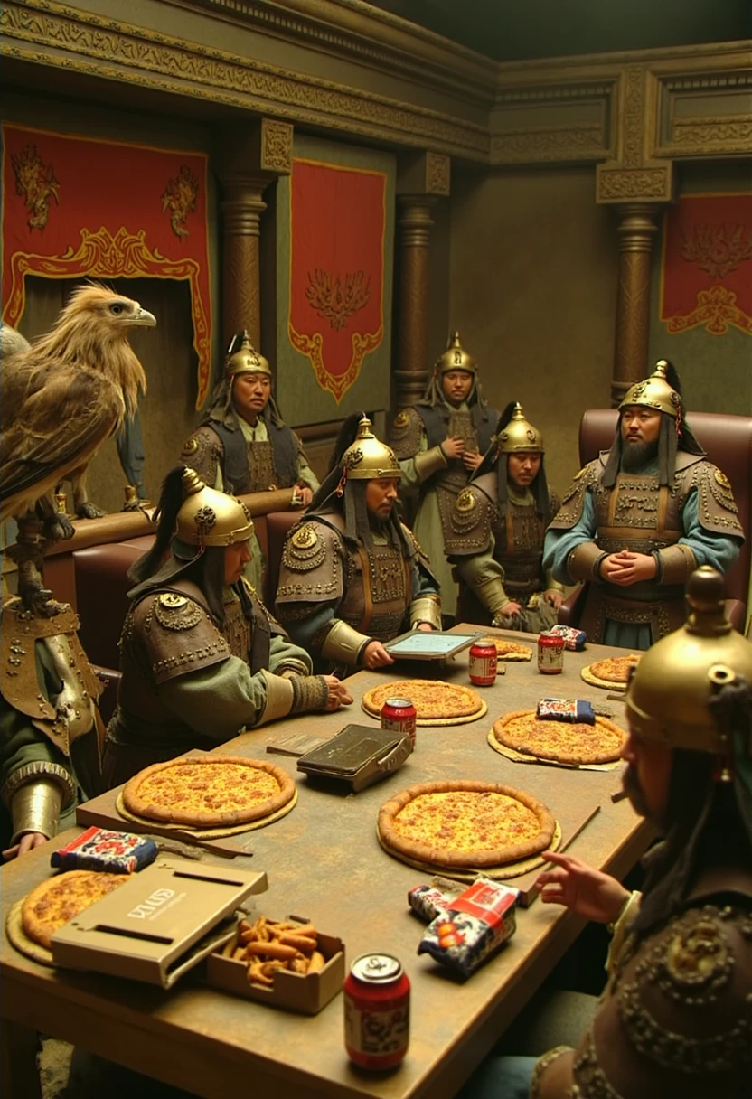 8k super-detailed RAW photo of a Mongol war council, gathered around a large table filled with takeout pizza boxes and vintage Pepsi cans. Genghis Khan, in full battle armor, is using a tablet to present an animated PowerPoint on their next invasion, while his generals, wearing VR headsets, are too busy battling in a virtual reality strategy game. A confused eagle perches on a nearby chair, watching the surreal scene unfold.